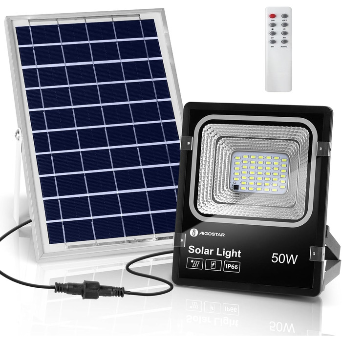 Aigostar 50W Solar Floodlight Outdoor, Super Bright LED Floodlight with Solar Panel, Cold White 6500K, IP66 Protection Rating Solar Spotlight Searchlight Outdoor Spotlight for Garden, Door, Yard, Garage, etc.