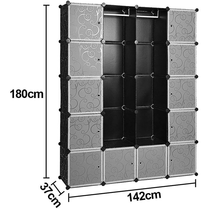 Regalsystem Shoe Rack Set of 20 Cubes, Plastic Closet with Doors, Plug-in Shelf, DIY Cube Shelf, Modular Storage Combination Cabinet for Clothes, Shoes, and Books, Black