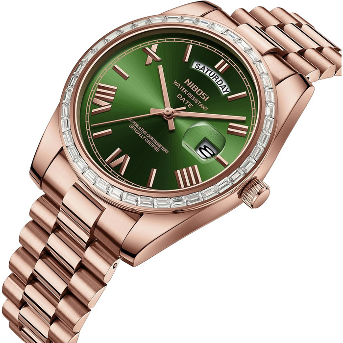Годинник NIBOSI для чоловіків: аналоговий кварцовий годинник з діамантовою безелем, сталевий циферблат, рожеве золото, срібло, водонепроникний, бізнес, повсякденний, класичний дизайн з датою та днем тижня (рожево-зелений)