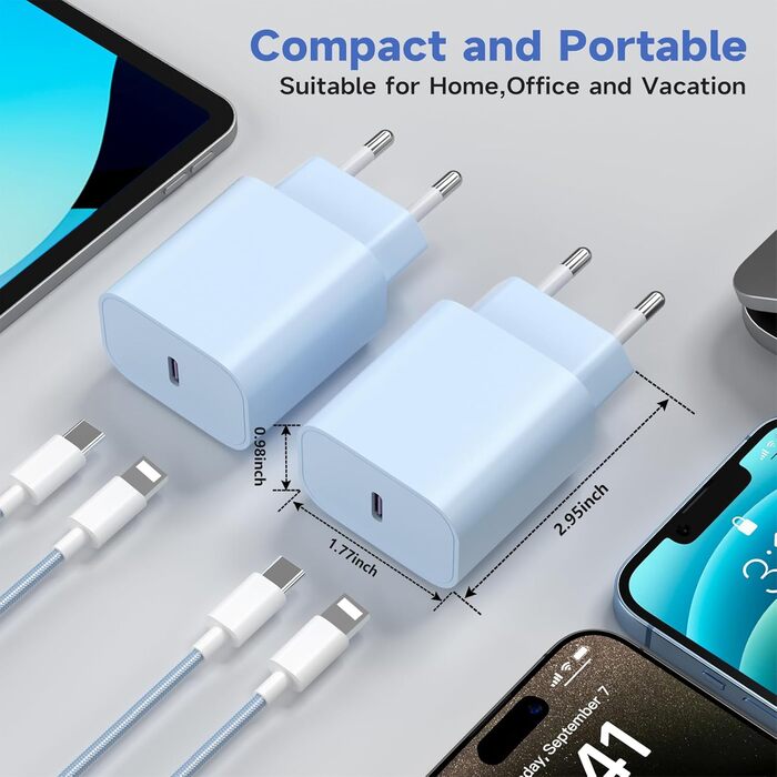 Зарядний пристрій 20W USB-C з кабелем Lightning для iPhone 14/13/12/11/X/SE (2 шт) - Синій