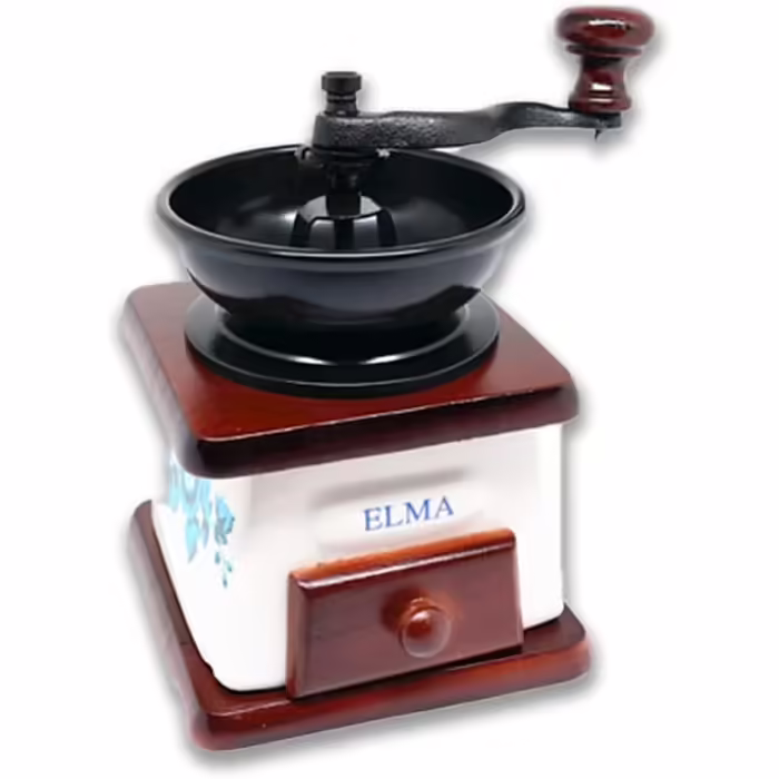 ELMA Ceramic Manual Coffee Grinder for Decorative Use, Brown Vintage-Style Retro Manual Coffee Grinder on Wood with Hand Crank, Portable, Antique-Design Coffee Grinder | Dark Wood Color