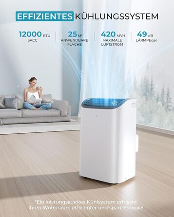 Мобільний кондиціонер 9000 BTU з вихідним шлангом | 4-в-1 | Тиха робота <48 dB | Digital display + пульт | Комплект для встановлення у вікно | Таймер 24h | Для приміщень до 25 м² (12000 BTU)