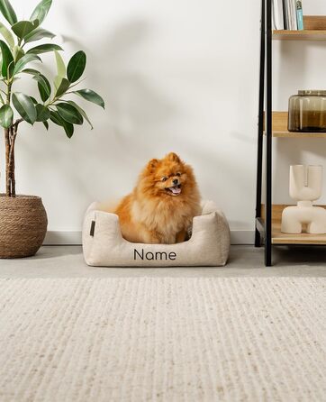 Lionto Dog Basket with Fluffy Reversible Cushion, Cozy Pet Bed in a Marbled Design with Deep Entry for Dogs & Cats of All Sizes, 80x60 cm, Soft Dog Bed, (Beige, L 60 x W 50 x H 22 cm (with name imprint))