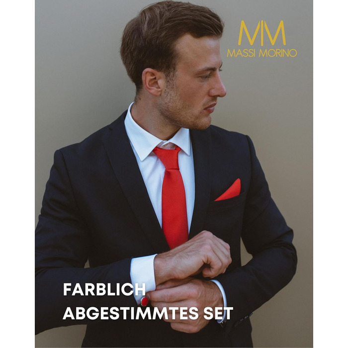 Комплект чоловічий Massi Morino: краватка, нагрудна хустка, запонки, голка для краватки, подарункова коробка - червоний колір, універсальний розмір, ідеально для весілля