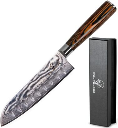 Професійний кухонний ніж Santoku Wolfblood XL 30 см з 67-шарової дамаської сталі, дерев'яна ручка, подарункова коробка та чохол для леза