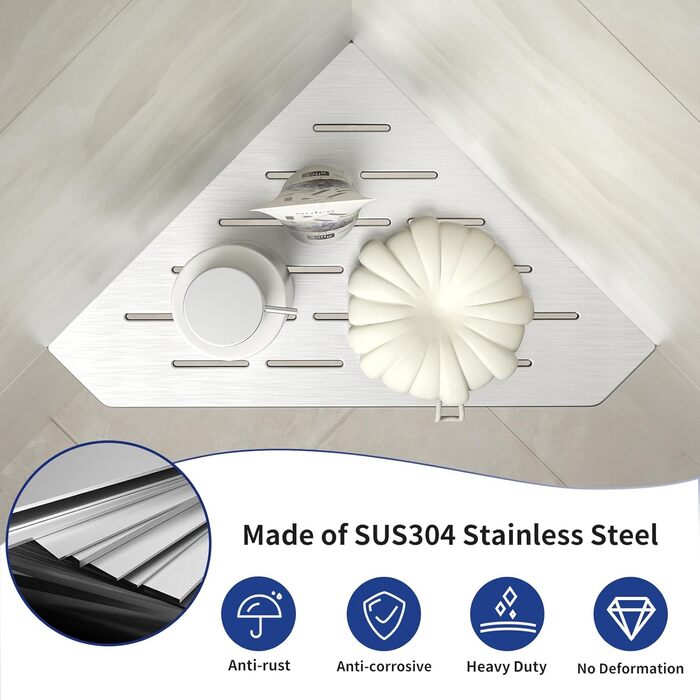 Bernkot Corner Shower Shelf Brushed 304 Stainless Steel 254 mm Recessed Corner Shelf Tiled Wall Shelf Pentagon Shelf for Bathroom Storage No Drilling, 1 Piece, Silver