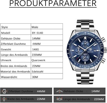 Годинник чоловічий BENYAR з хронографом, кварцовий, водостійкий 30M, з датою, для активного відпочинку, спортивний, шкіряний (блакитний)