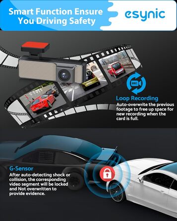 eSynic Mini Dashcam: Автомобільний відеореєстратор з Wi-Fi, 1080P Full HD, 160° Кут огляду, Нічне бачення, G-сенсор, Паркувальний режим, Керування через додаток, 32GB SD-карта в комплекті (Дві камери - передня та задня)