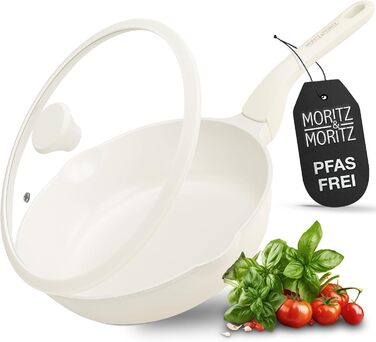 Сковорода Moritz & Moritz 26 см з кришкою - антипригарне покриття, Soft-Touch ручка, для смаження, тушкування, варіння на пару, підходить для всіх плит (кремовий)