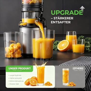 Електрична соковижималка для овочів та фруктів Slow Juicer, шнекова соковижималка для смузі та сорбету, широкий завантажувач 130 мм, 250 Вт, тиха, легка в очищенні, Titanium Gray