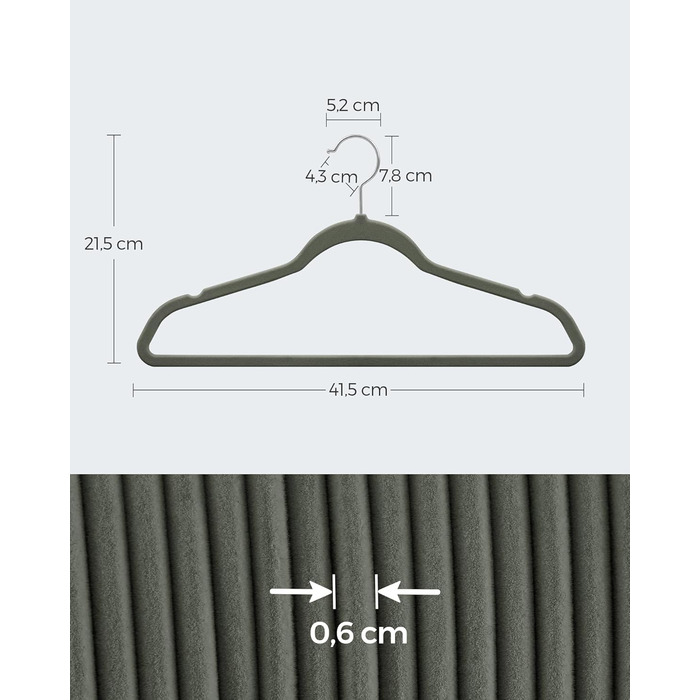 Плечики SONGMICS для одягу, 20 шт., велюрові, для сорочок, жакетів, костюмів, 41.5 см, обертовий гачок, сірий