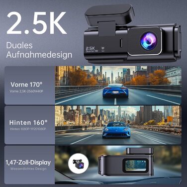 Автомобільний відеореєстратор Dashcam Dual 2.5K + 1080P з WiFi, 32GB SD-картою, ширококутним об'єктивом 170°, нічним баченням та датчиком удару G-сенсором, чорний