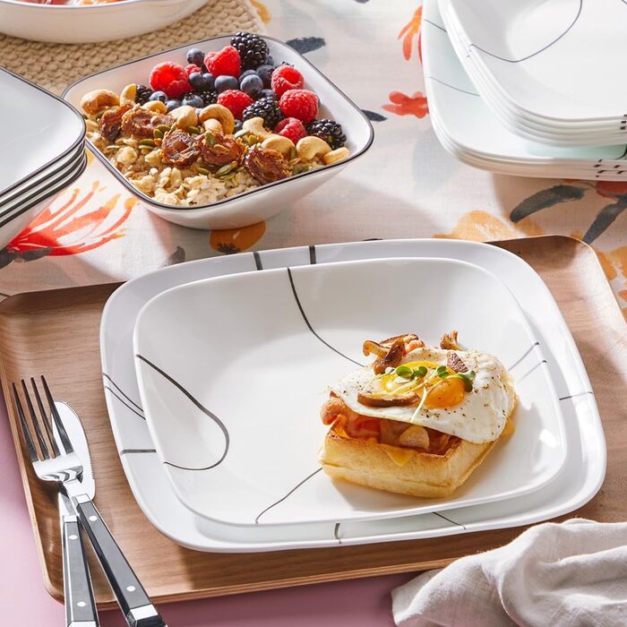 Corelle Tafelservice 18-teilний чорно-білий для 6 осіб, стійкий до сколів, включає великі тарілки (26 см) та салатові/гарнірні (17 см), Simple Lines