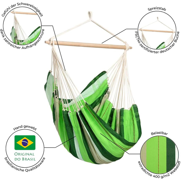 Підвісне крісло-гамак AMAZONAS XL Brasil, олива, без каркаса, ручна робота, 1,6×1,3 м, навантаження до 150 кг