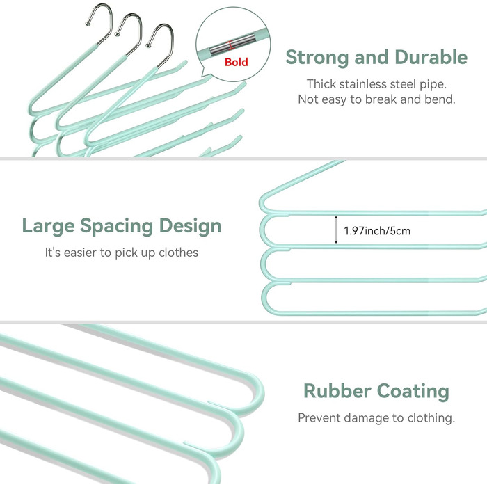 Набір вішалок для штанів, джинсів, краваток та шарфів, нержавіюча сталь, протиковзкі, економія місця (3 шт.), чорний (зелений)