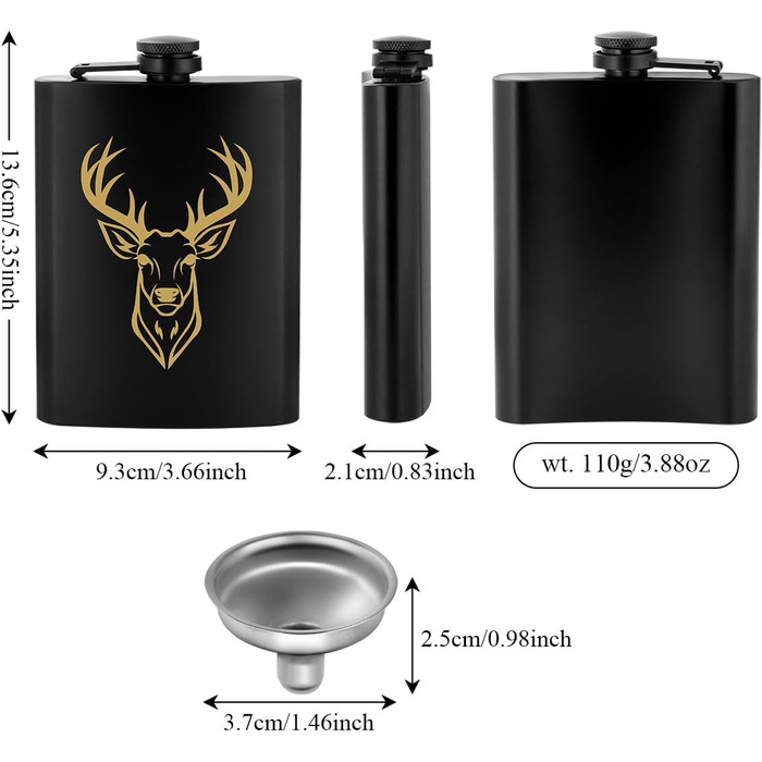 Фляга туристична 237мл з нержавіючої сталі, з воронкою та листівкою, подарункова коробка, з візерунком 'Золотий олень'