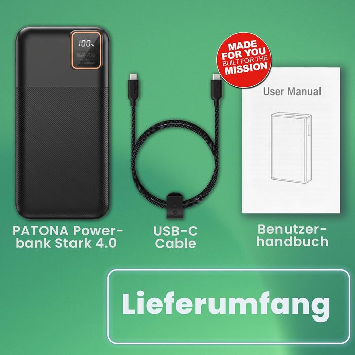 Повербанк PATONA Premium 20000mAh 22.5W PD з Li-Polymer батареєю, швидка зарядка, USB-C та 2x USB-A, 74Wh