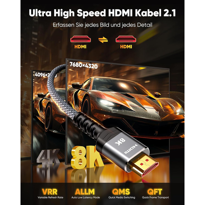 HDMI 2.1 кабель SNOWKIDS 2 метри: 8K@60Hz, 4K@120Hz, 48Gbps, HDR, eARC, HDCP 2.3, сумісний з PS5/PS4/PS3, HDTV, монітор