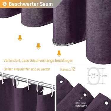 Тканинна шторка для душу BTTN, 180x200 см, льонова текстура, антигрибок, миється, текстиль, 12 гачків, сучасний, водовідштовхуючий, з обтяжувачем, декор, поліестер, кремовий колір (фіолетовий, однотонний, H180 x B180 см (упаковка 1 шт))