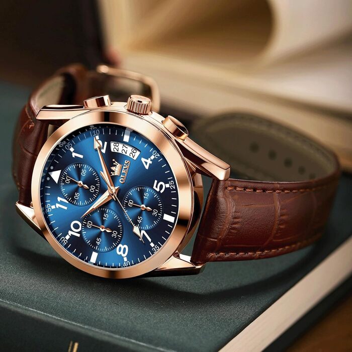 Годинник чоловічий OLEVS Vintage з шкіряним ремінцем, великий циферблат, водонепроникні, аналогові годинники з датою (2878, блакитний циферблат/коричневий ремінець)