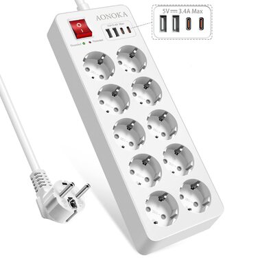 Сетевий фільтр на 10 розеток з USB-C та USB портами, подовжувач з захистом від перенапруги, вимикачем та можливістю монтажу на стіну, кабель 1.5м, білий