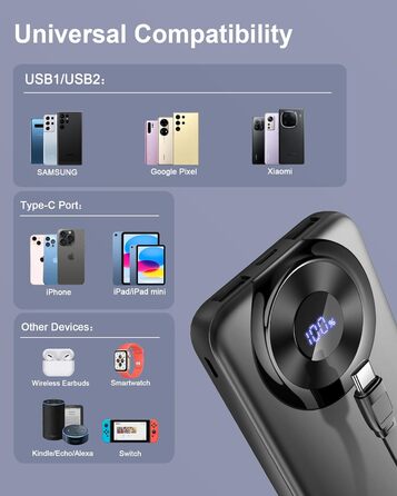 Портативний зарядний пристрій з вбудованими кабелями та роз'ємами, акумуляторний пак, сумісний з Android та іншими пристроями, чорно-жовтий