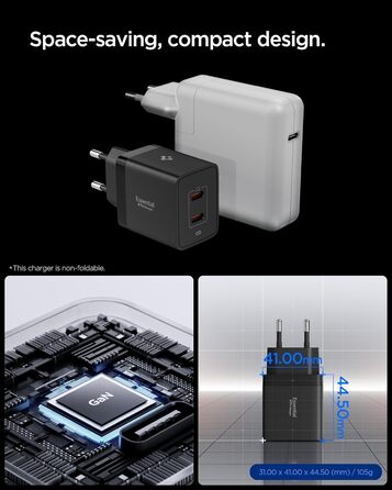 Зарядний пристрій Spigen ArcStation Essential GaN 47W 2xUSB-C з PPS та PD 3.0, чорний