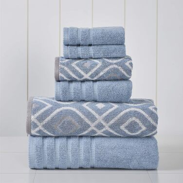 Amrapur Overseas Modern Threads Towel Set, 6-Piece, Yarn-Dyed, Oxford Stripe, Jacquard, Solid Color, Ultra-Soft, 500 g/m², 100% Combed Cotton, Blue Standard Blue