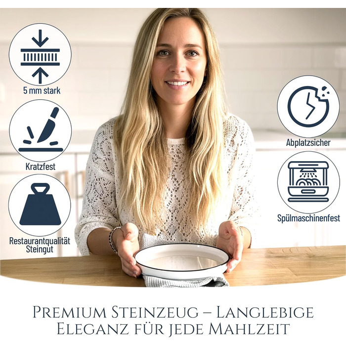 Набір посуду з порцеляни на 6 осіб Crystal 24 шт. – Набір тарілок та супниць з чорним обідком, білий посуд Pure Living