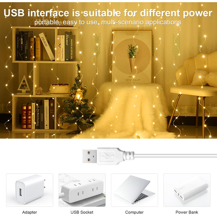 Ланцюжок LED-ліхтариків 2x2м, 200 LED, USB, тепле біле світло для декору свята, вечірки, Рамадану, весілля, кімнати