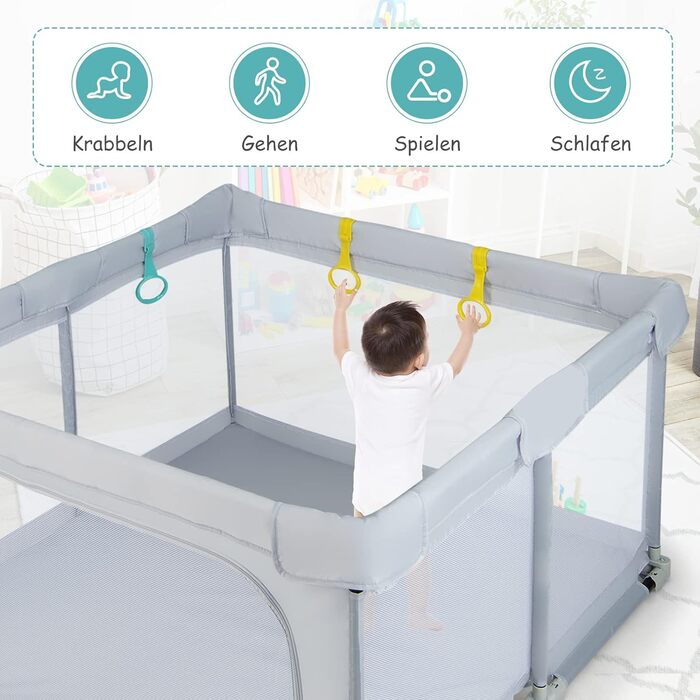 DREAMADE Playpen Baby, 126 x 126 cm Playard Folding with 50 Play Balls & 4 Pull Rings, Safety Net with Breathable Mesh & Zipper (Light Grey)