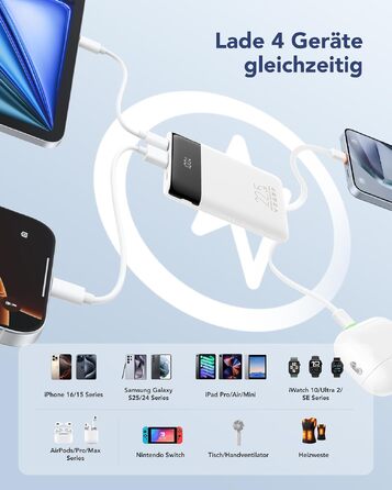 Повербанк VEGER 10000mAh 22.5W з вбудованим кабелем USB-C, швидка зарядка, білий