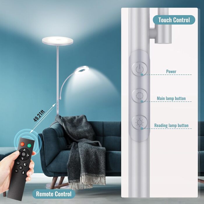 Стелярська лампа для вітальні з LED-підсвічуванням 4200LM, регулювання яскравості, пульт дистанційного керування, сенсорне керування, сучасний дизайн (42W, сірий)