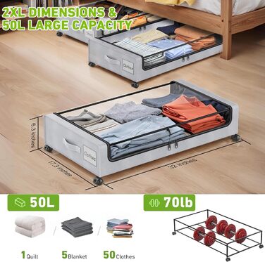 Коробки для зберігання під ліжко 2 шт. 50л з роликами, чорні - органайзер для одягу, взуття, ковдр, постільної білизни