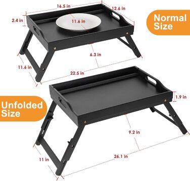 Бамбукове піднос-столик Greenual з ручками, складними ніжками, слотом для медіа, чорного кольору (2 шт.)