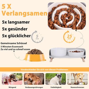 Набір мисок для собак з кераміки, піднятий на платформі: миска для повільного годування, набір з двох мисок для маленьких та середніх собак, годівниця та поїлка з антиковзним підставкою, колір - білий