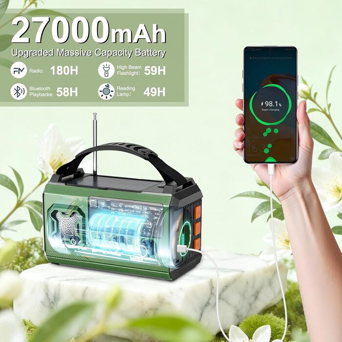 Радіо з ручним заводом та сонячною панеллю Kurbelradio - 27000mAh, AM/FM, LED, USB, SOS, для кемпінгу та надзвичайних ситуацій (оливковий)