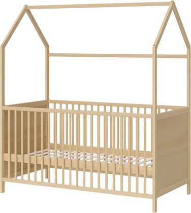 Bellabino Nika Babybett in House Design 70 x 140 cm, cot and house bed for children and babies made of solid pine wood in natural finish, 3-fold height adjustable including slatted base.