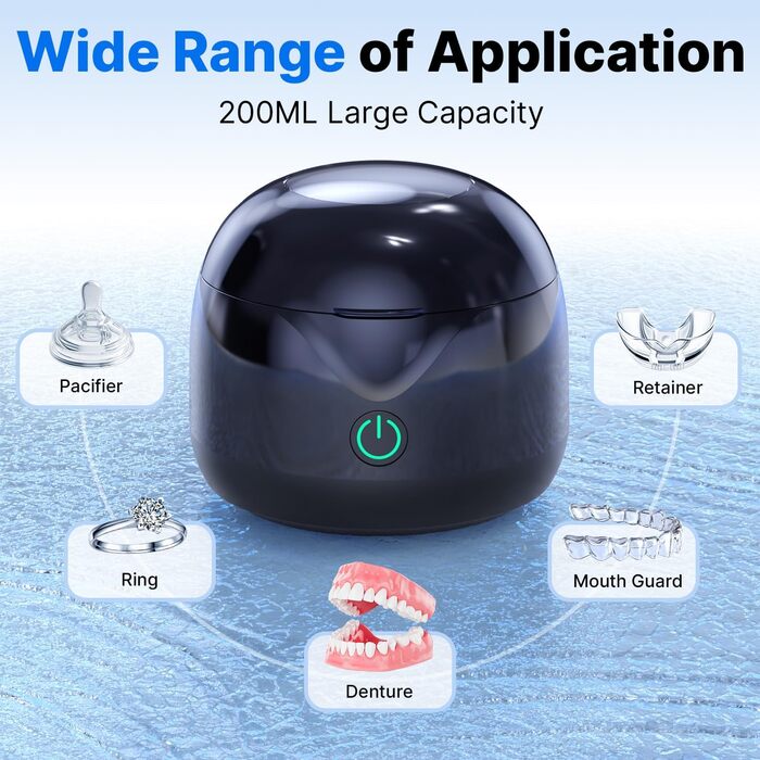 Ультразвукова мийка для ювелірних виробів та зубних протезів, 45000 Гц, 25 Вт, 200 мл, чорна