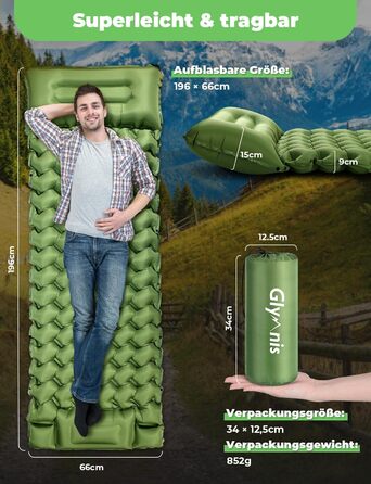 Glymnis Isomatte Camping Air Mattress - 9cm Thick with Foot Pump & Pillow - Ultralight Outdoor Sleeping Pad for Camping, Hiking & Travel - Army Green
