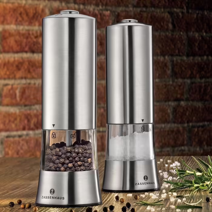 Zassenhaus Salt and Pepper Grinder Electric GERA | Ceramic Grinder | | Stainless Steel | Precisely Adjustable Grind Setting | Includes Pepper Filling and Batteries | Spice Grinder | Ø 6 x 18 cm