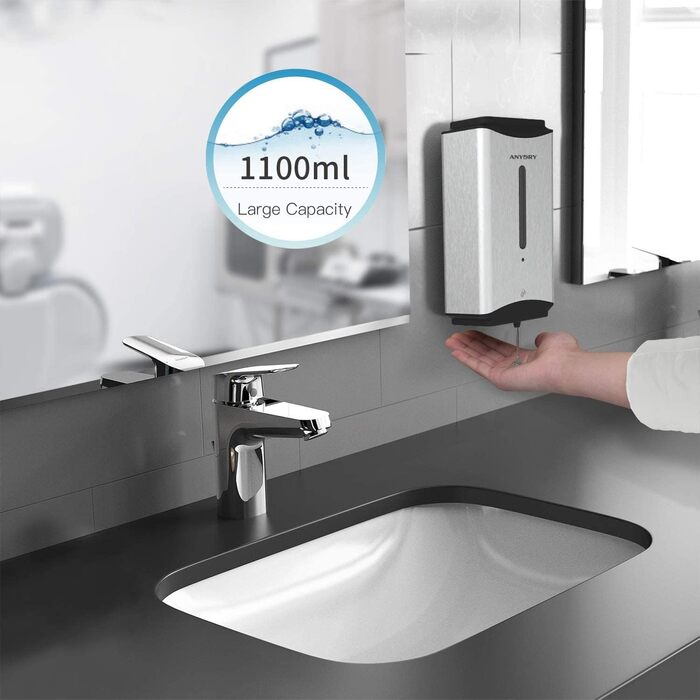 anydry AD1206 Commercial Wall Mount Automatic Liquid Soap Dispenser, Stainless Steel Finish, 1100ml Large Capacity (Polished Stainless Steel)