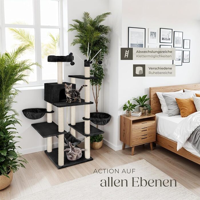 Тектейк® XXL Драбина-кіготь для котів, велика, з аксесуарами: лежанки, гамак, будиночок, іграшки, мотузка з сизалю, ствол для шліфування, кіготь для котів, драбина-кіготь для котів. Висота приблизно 165 см - сірий (Чорний | № 402933)