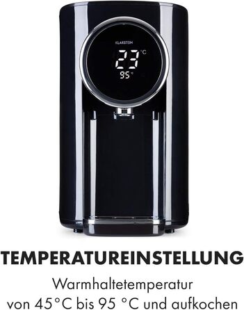 Klarstein Hot Spring Plus Hot Water Dispenser, Water Tank: 5 Liters, Large LCD Display, Temperatures: 45-95 °C, Stainless Steel Water Tank, Dry-Run & Overheating Protection, Child Lock, black