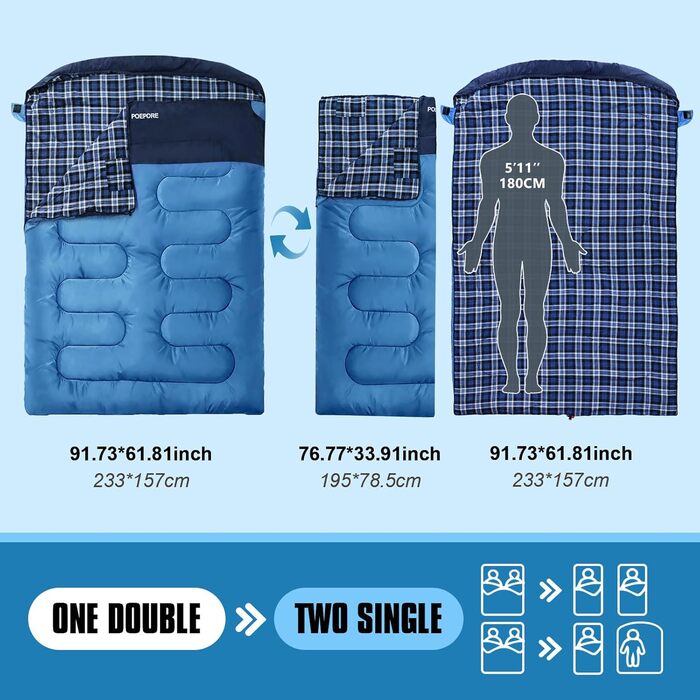 Спальний мішок для двох дорослих з флісу, зимовий, з подушками та сумкою для перенесення, 233*157 см (Блакитний)