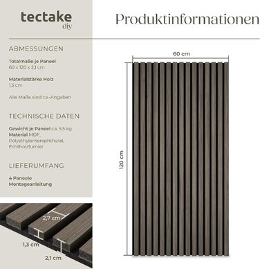Акустичні панелі tectake® з імітацією дерева, сірий дуб (4 шт.) - для дому, декору та звукоізоляції