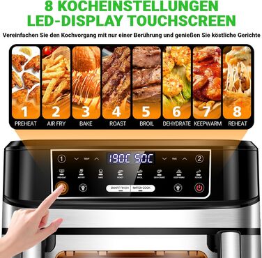 Фритюрниця повітряна подвійна 12л з 8 програмами та рецептами | Регулювання температури до 200°C, срібна