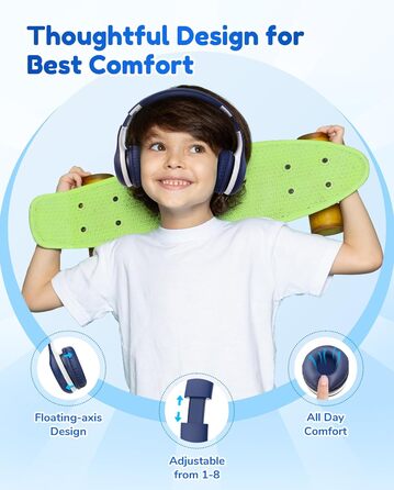 Бездротові навушники EarFun для дітей Bluetooth, регулювання гучності 85/94 дБ, Hi-Fi звук, HD-мікрофон, 40 годин роботи акумулятора, складні, регульовані, для школи/подорожей, блакитний