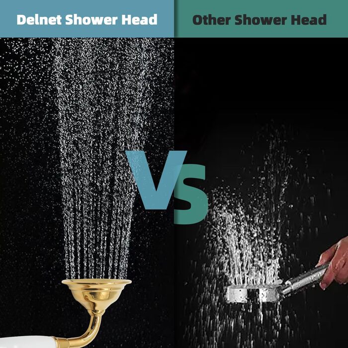 Delnet Classic High-Pressure Showerhead, Chrome, Traditional Telephone Style, Handheld Showerhead and 1.5m Hose (Vintage, Gold)