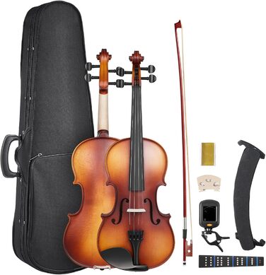 Скрипка VEVOR 4/4 з аксесуарами: футляр, колінь, стійка, струни, тюнер, дерев'яний корпус (матова коричнева)